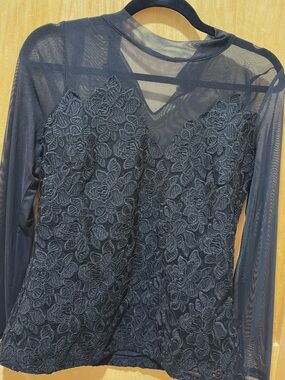 Boston Proper Black Sheer Mesh Top with Floral Lace Overlay Small New